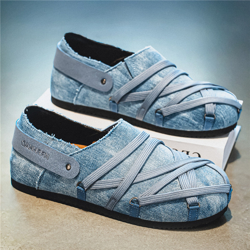 Herren lässige Slipper im Denim-Look mit elastischen Riemen, verstellbarem Fersenriemen und profilierter Gummisohle EB