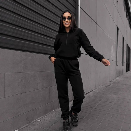 Damen sportliches Fleece-Set mit halbhohem Reißverschluss Kapuzenhoodie und lässiger Jogginghose EB
