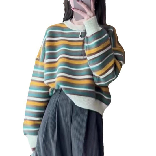 Damen gestreifter Pullover mit weitem Schnitt und modischen Details EB