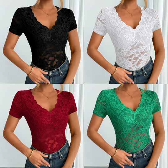 Damen Elegantes Spitzenoberteil mit tiefem V-Ausschnitt und konturiertem Schnitt EB