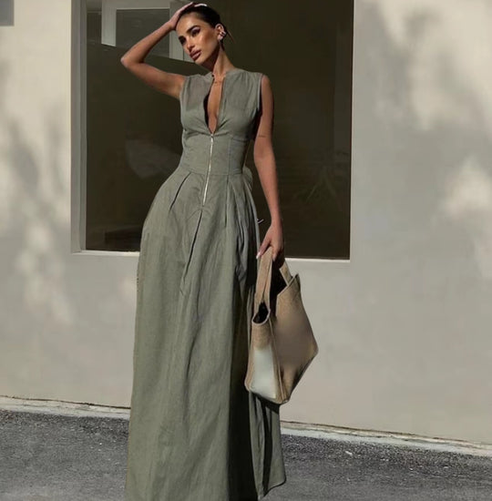 Damen Elegantes Maxi-Kleid mit tiefem V-Ausschnitt und schmalem Schnitt EB