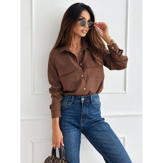 Damen Modische Bluse mit Taschen und Knopfdetails EB