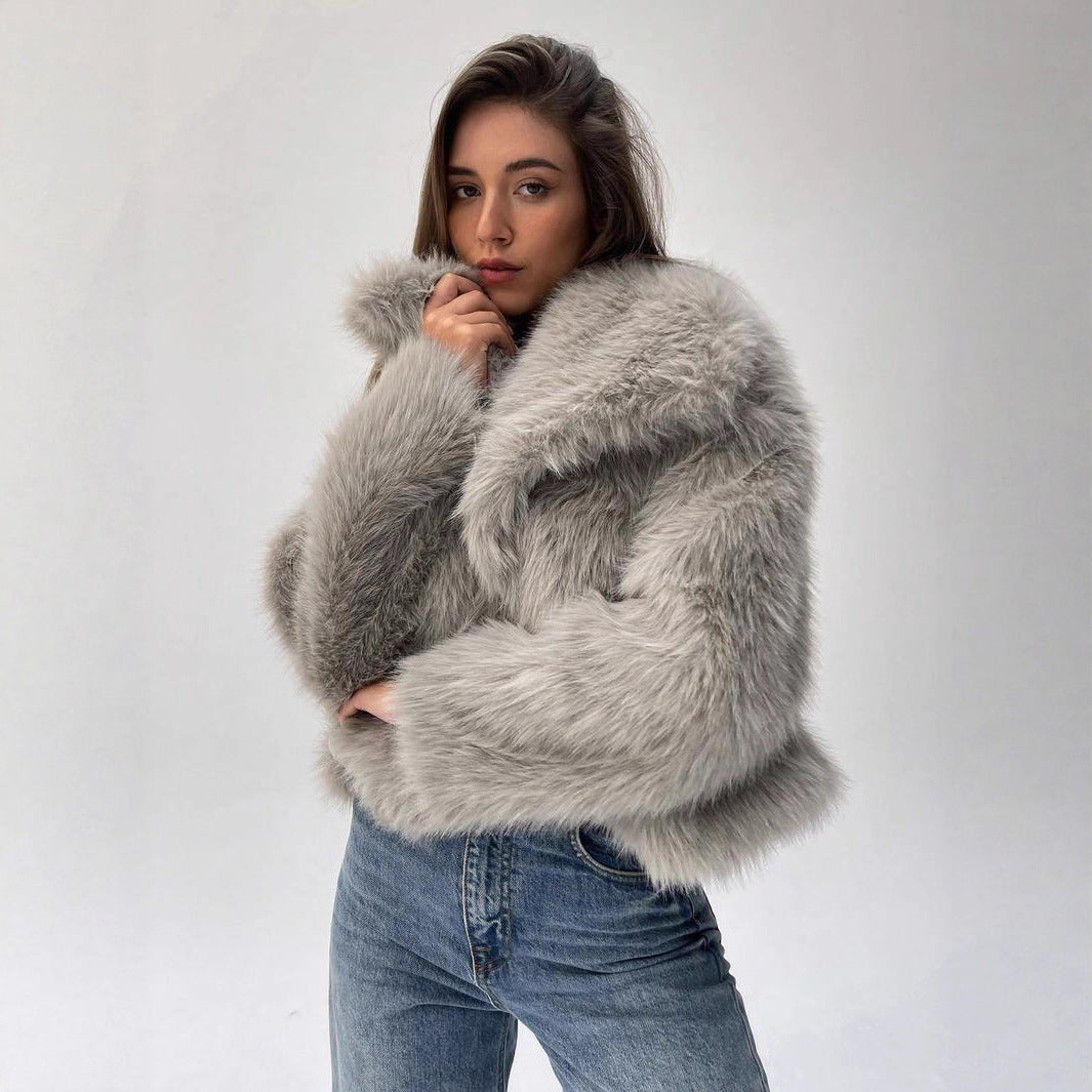 Damen Modischer Kunstpelz-Cropped-Jacke mit voluminösen Ärmeln EB
