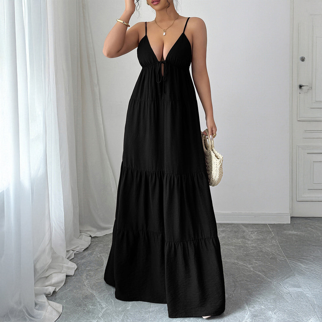 Damen Elegantes Maxikleid mit verstellbaren Spaghettiträgern und Rüschendetails EB