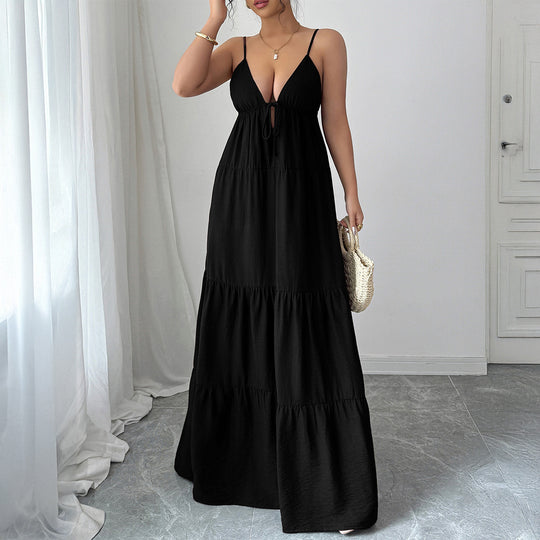 Damen Elegantes Maxikleid mit verstellbaren Spaghettiträgern und Rüschendetails EB