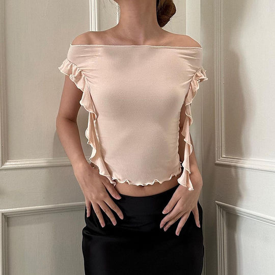 Damen Off-Shoulder Oberteil mit Rüschendetails und figurbetonter Passform EB