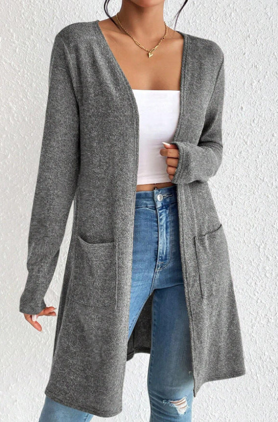 Damen nan offener Longcardigan mit aufgesetzten Taschen und weichem Feinstrick EB