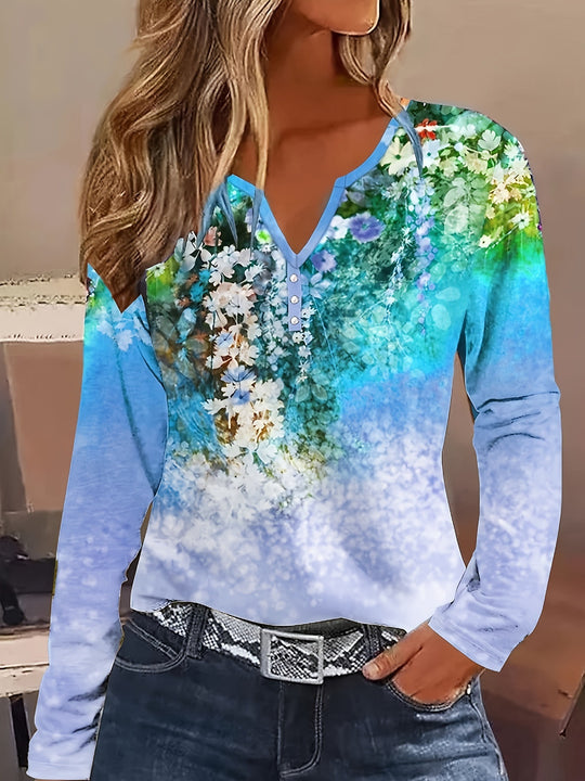 Damen Blütenmuster Langarmshirt mit Knopfleiste EB