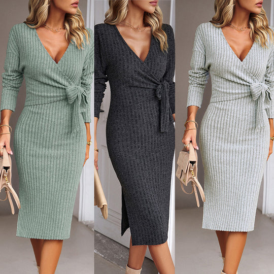 Damen figurbetontes Wickelkleid mit eleganter Taillierung und Trompetenärmeln EB
