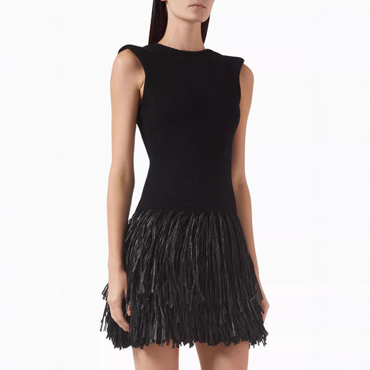 Damen Figurbetontes Mini-Kleid mit Fransen und Rundhalsausschnitt EB
