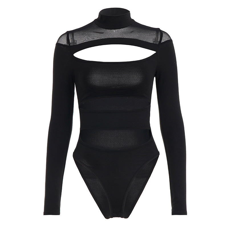 Damen Langarm Bodysuit mit raffiniertem Cut-Out-Design und elegantem Stehkragen EB