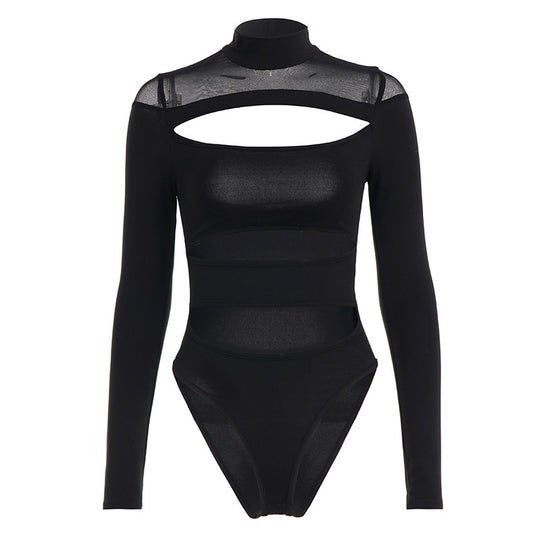 Damen Langarm Bodysuit mit raffiniertem Cut-Out-Design und elegantem Stehkragen EB