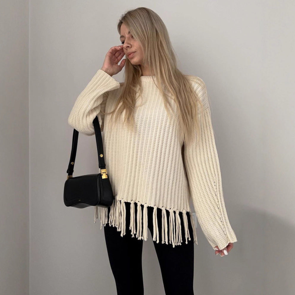 Damen lässiger Rippstrick-Pullover mit Fransen-Saum und Oversize-Silhouette Eichborn Berlin