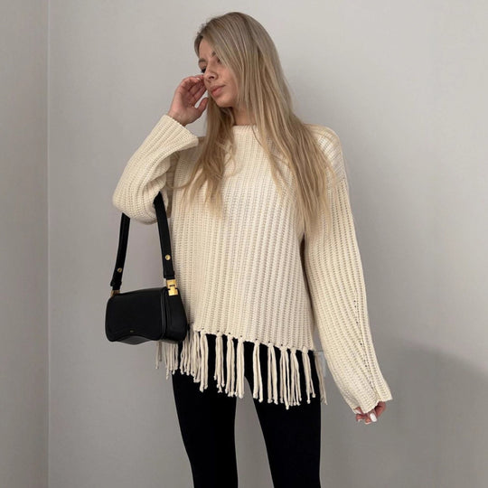 Damen lässiger Rippstrick-Pullover mit Fransen-Saum und Oversize-Silhouette Eichborn Berlin