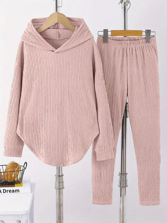Damen lässiger Sweat-Pulli und -Hose Set mit strukturiertem Design EB