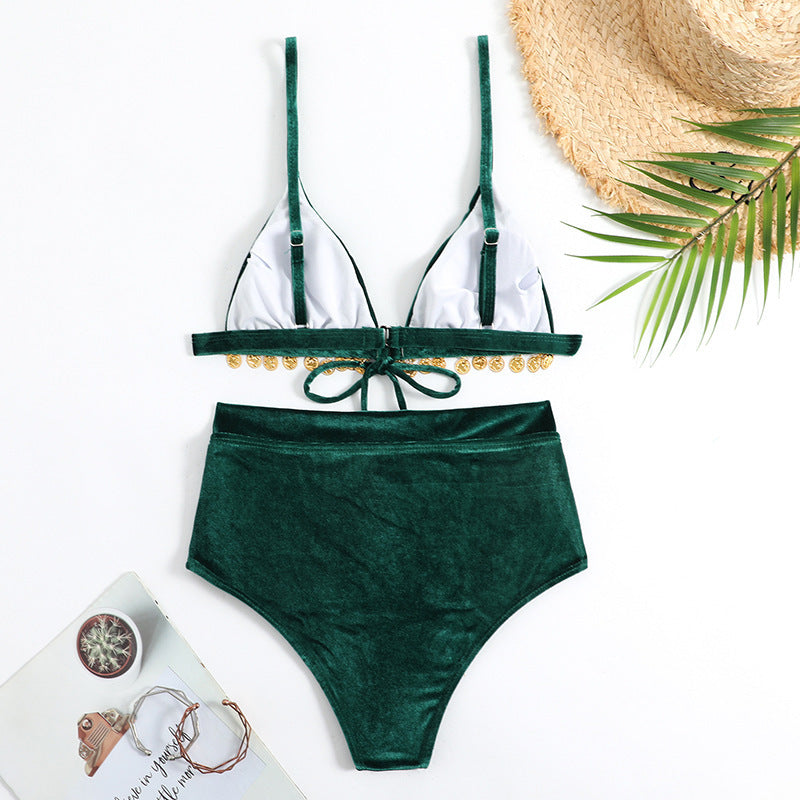 Damen Triangel-Bikini mit luxuriösem Samtstoff und glamourösen Verzierungen EB