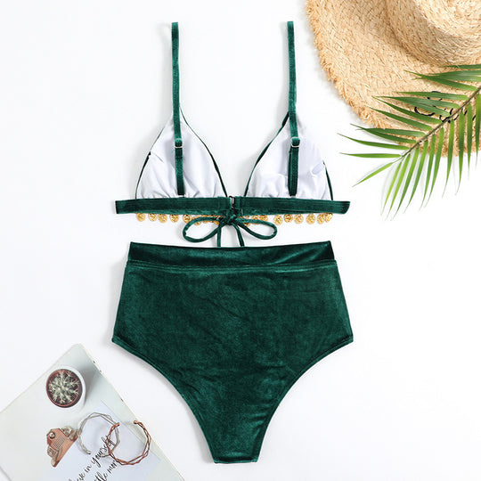 Damen Triangel-Bikini mit luxuriösem Samtstoff und glamourösen Verzierungen EB