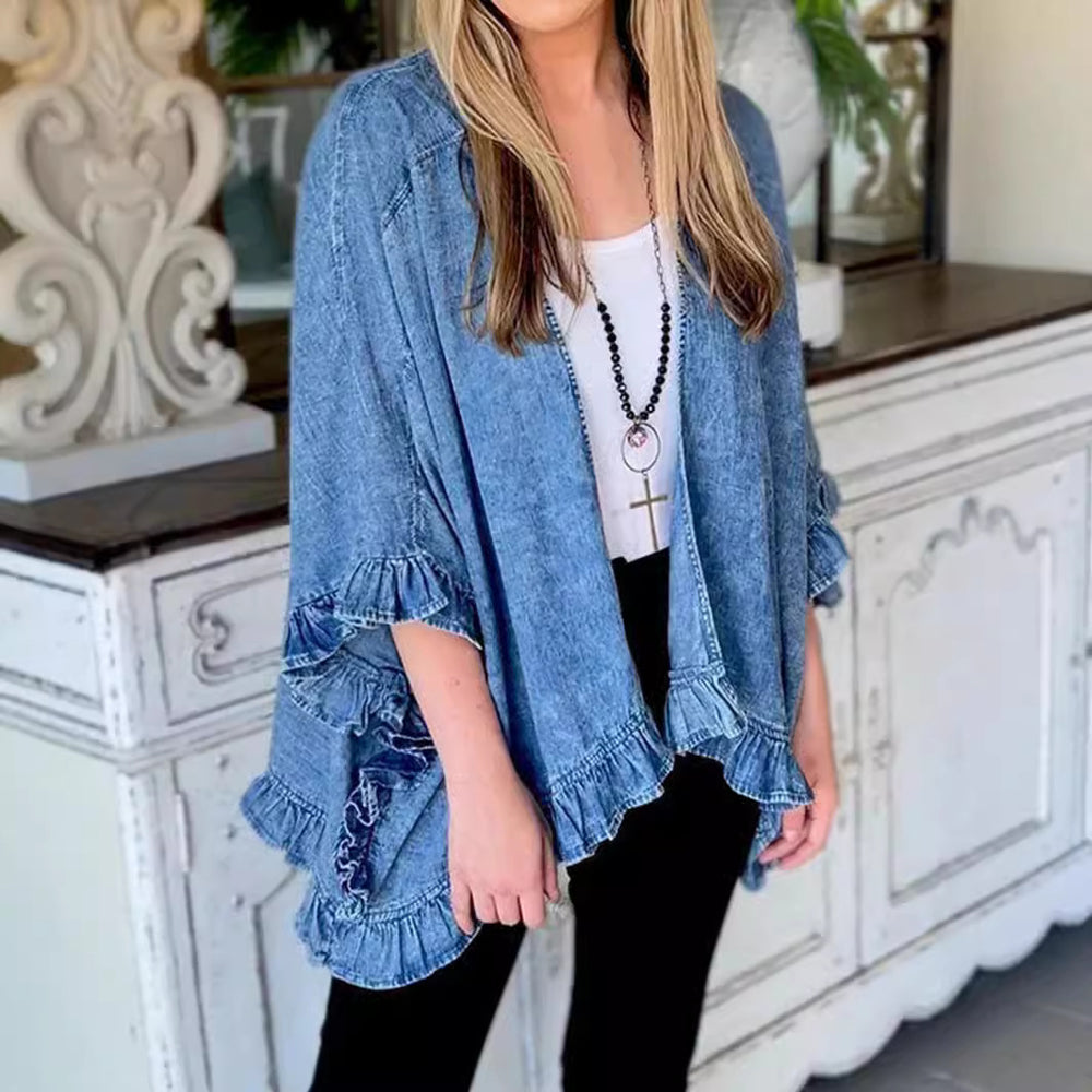 Damen lässiger Jeans-Cape mit voluminösen Rüschendetails EB