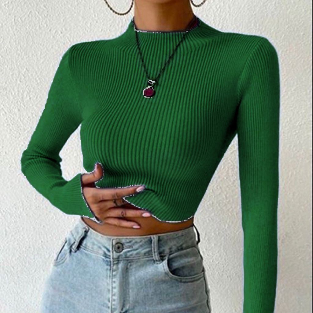 Damen Gerippter Cropped Feinstrickpullover mit Stehkragen EB