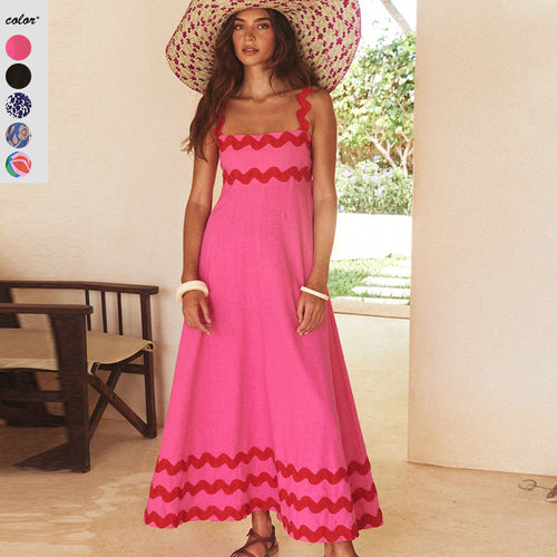 Damen Maxikleid mit elegantem Wellenmuster und fließendem Rock EB