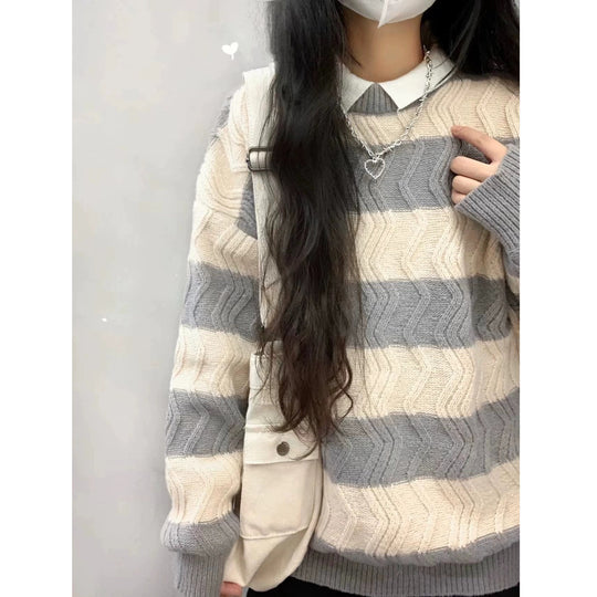 Damen Modischer Strickpullover mit strukturiertem Wellenmuster EB