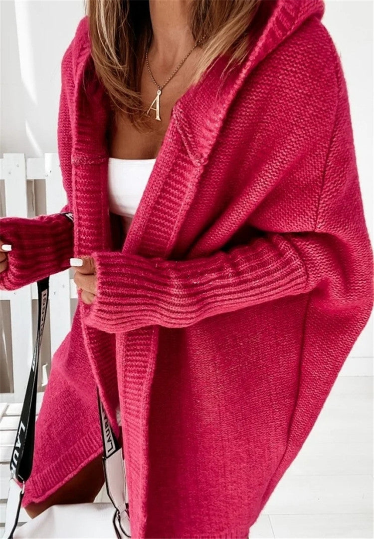 Damen gemütlicher Strickcardigan mit Kapuze und weit geschnittenen Ärmeln EB
