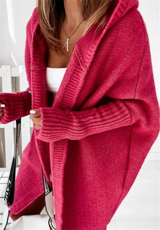 Damen gemütlicher Strickcardigan mit Kapuze und weit geschnittenen Ärmeln EB