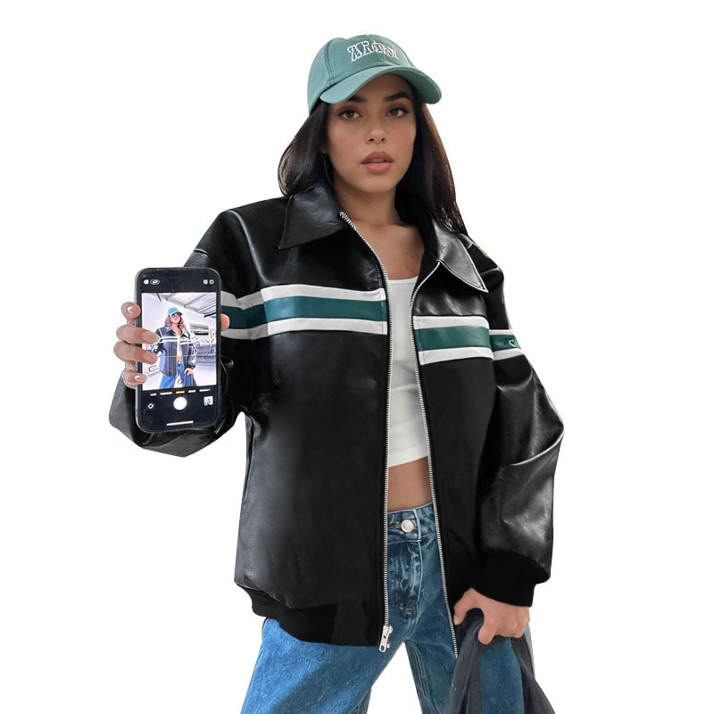 Damen Kunstleder-Bomberjacke mit Retro-Streifen und durchgehendem Reißverschluss EB