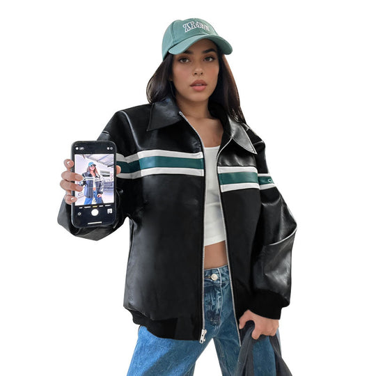Damen Kunstleder-Bomberjacke mit Retro-Streifen und durchgehendem Reißverschluss EB