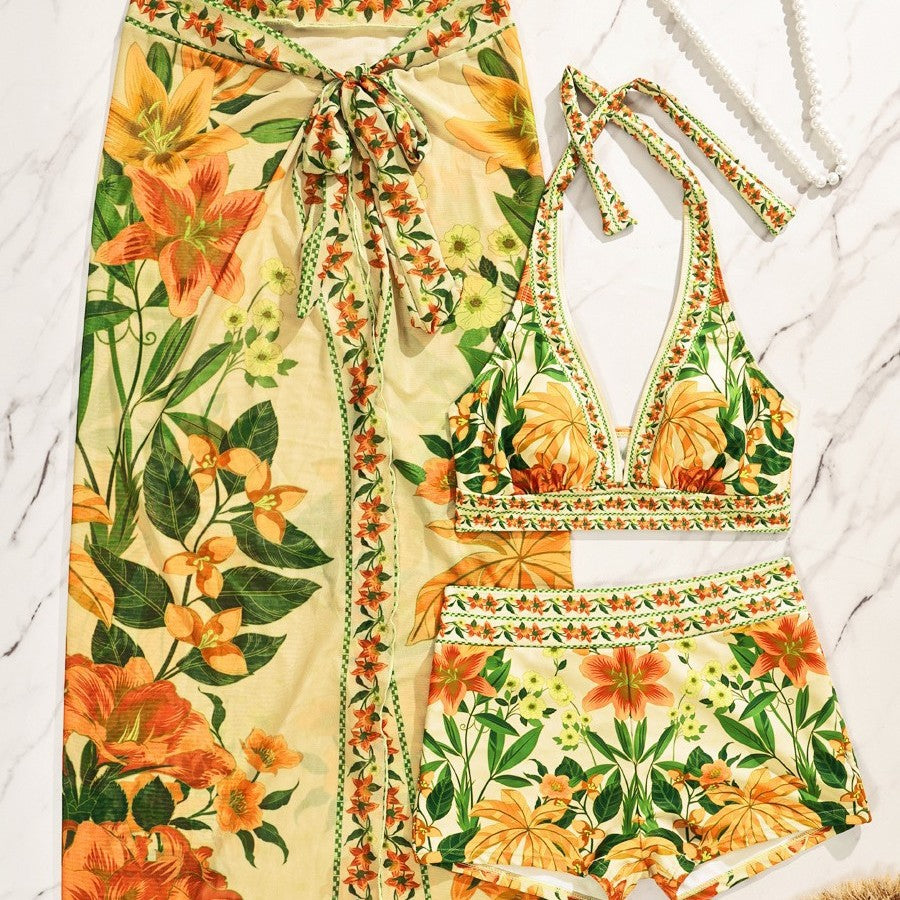 Damen Bikiniset mit floralem langen Überwurf EB