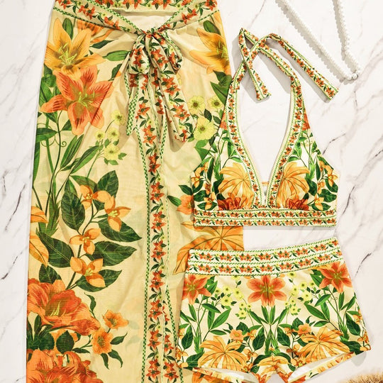 Damen Bikiniset mit floralem langen Überwurf EB