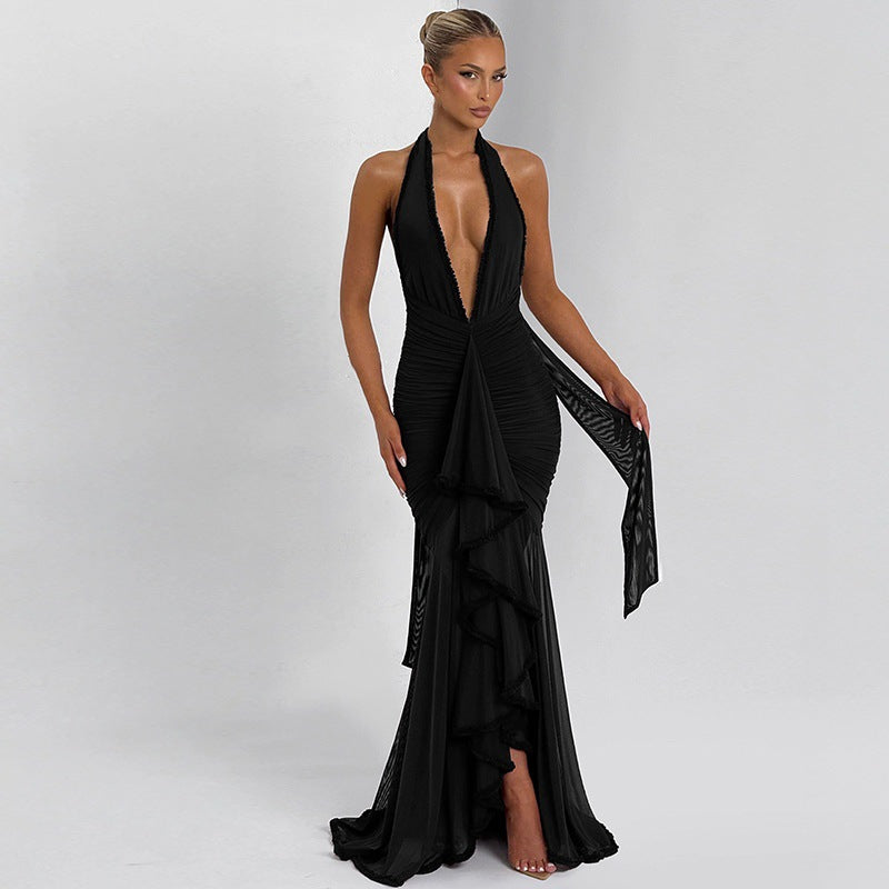 Damen Elegantes Abendkleid mit tiefem V-Ausschnitt und Rüschendetails EB