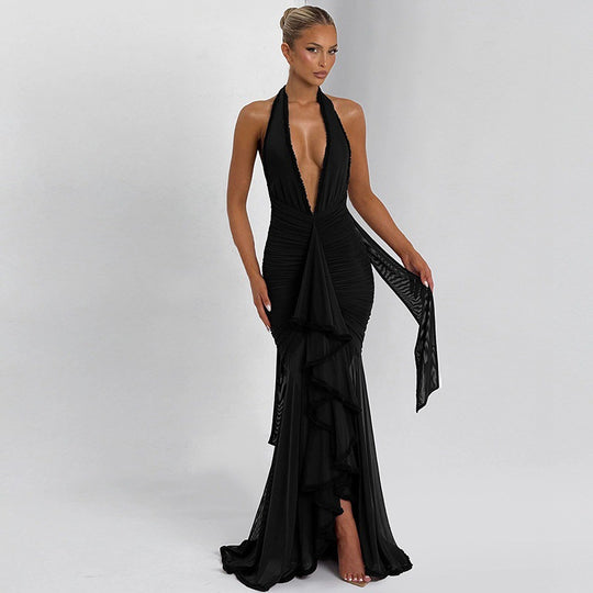 Damen Elegantes Abendkleid mit tiefem V-Ausschnitt und Rüschendetails EB