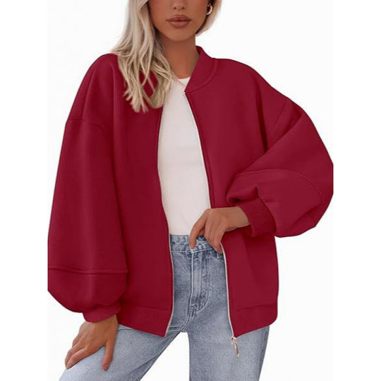 Damen lässige Oversized-Jacke mit Reißverschluss und ballonen Ärmeln EB