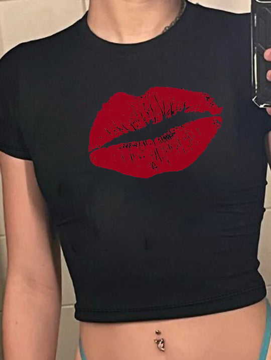 Damen Crop-T-Shirt mit kreativem Totenkopf-Design und figurbetontem Schnitt EB