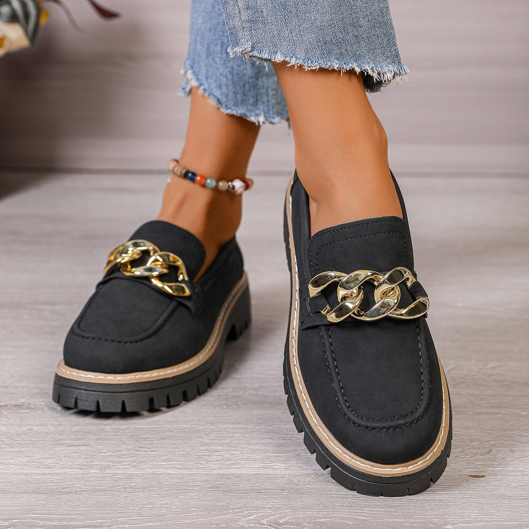 Damen Elegante Mokassins mit robustem Profil und dekorativem Ketten-Detail EB