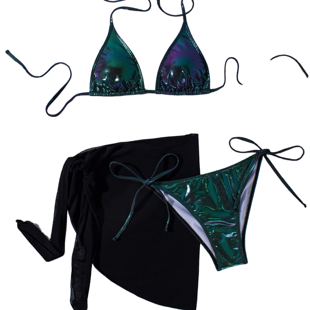 Damen Glänzender Triangel-Bikini mit Wickelrock EB