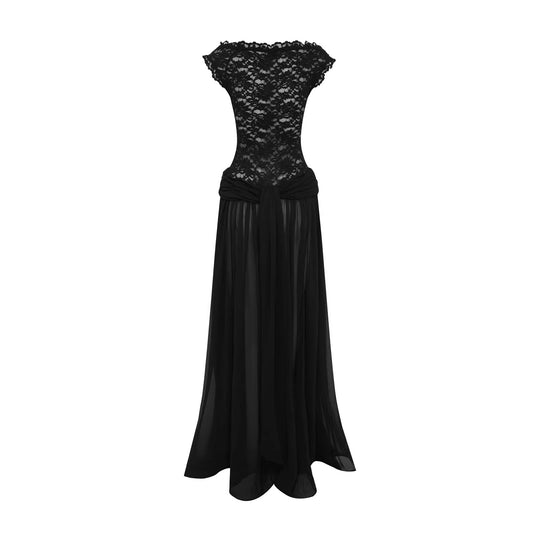 Damen Elegantes Spitzenmaxikleid mit fließendem Rock EB