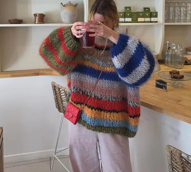 Damen Kuscheliger Strickpullover mit weit ausgestellten Ärmeln und buntem Streifenmuster EB