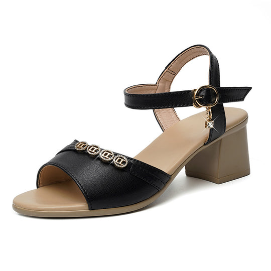 Damen Elegante Riemchen Sandaletten mit dekorativem Schmuckdetail und bequemem Blockabsatz EB
