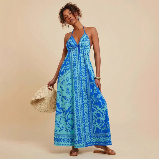Damen Maxikleid mit tiefem V-Ausschnitt und floralen Musterdetails EB