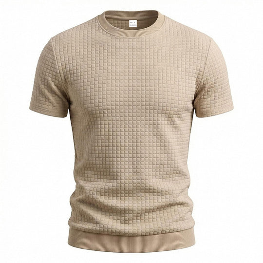 Herren nan kurzärmeliges Strickshirt mit geprägter Karostruktur, Rundhalsausschnitt und geripptem Saum EB