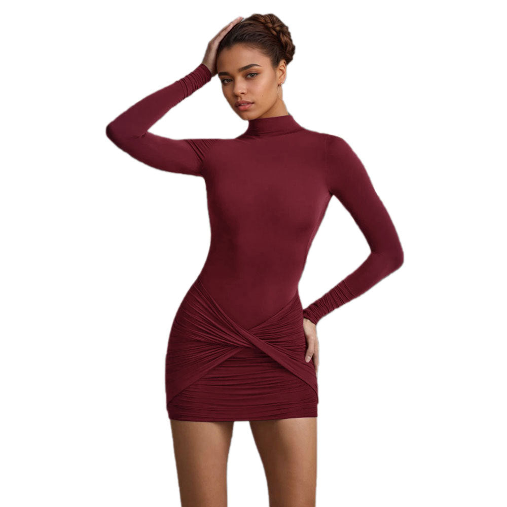 Damen figurbetontes Langarm-Minikleid mit Stehkragen, taillierter Sculpting-Silhouette und gerafftem Twist‑Rock Eichborn Berlin
