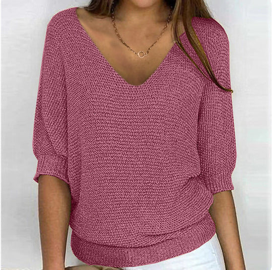 Damen nan lässiger Strickpullover mit V-Ausschnitt und Fledermausärmeln EB