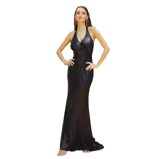 Damen Abendkleid mit funkelnden Pailletten und tiefer Halterneck-Optik EB