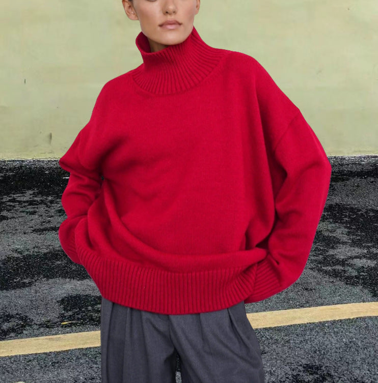 Damen Strickpullover mit hohem Kragen und weitem Schnitt EB