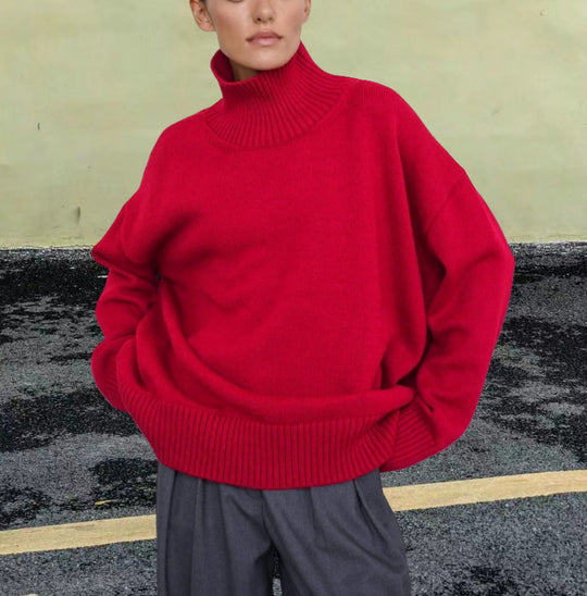 Damen Strickpullover mit hohem Kragen und weitem Schnitt EB