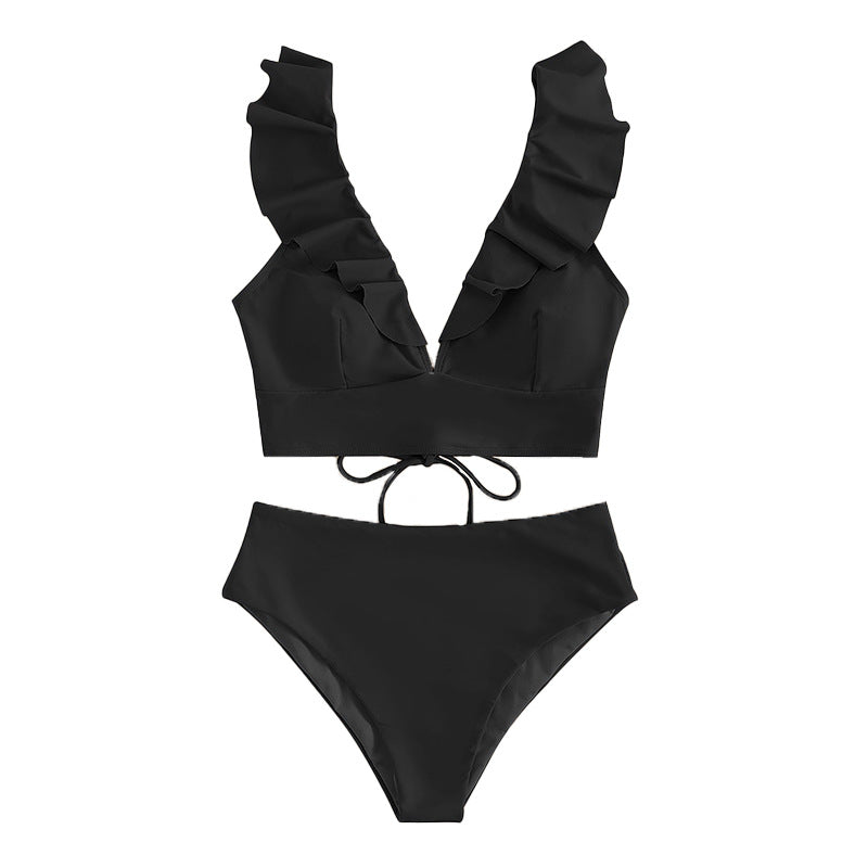 Damen Oberteil mit Rüschen und hohen Bikinihosen EB