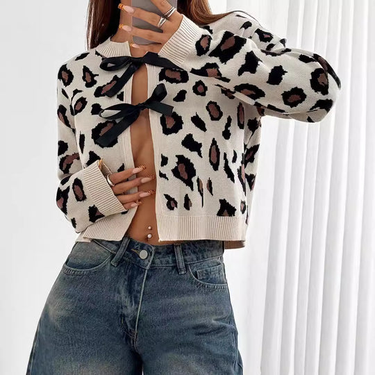 Damen Stilvolle Leopardenstrickjacke mit Bindebändern EB