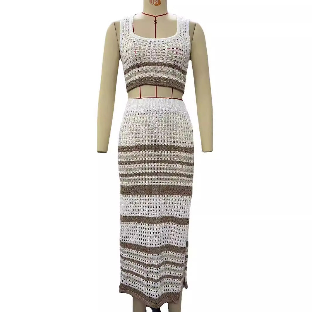 Damen elegantes gestricktes Zweiteiler-Set mit geometrischem Lochdesign EB
